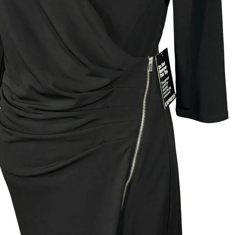 Express Medium Dress 3/4 Sleeve Stretch Surplice V-Neck Zip Accent Black New - Picture 2 of 9